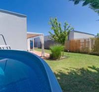 A garden of a family house in Senec with a garden pool and lawn.