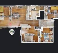Floor plan of a family house with four bedrooms, a kitchen and a living room, two bathrooms.
