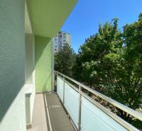 A balcony of a 2-room apartment with a view of greenery and panel buildings.