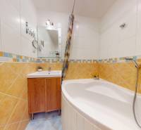 A bathroom in a 2-room apartment with a bathtub, mirror, and colorful tiles.