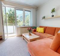 Living room in a two-room apartment with an orange sofa and a balcony.