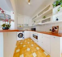 A kitchen in a 2-room apartment with white cabinets, plants, and white appliances.