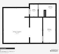 Floor plan of a 2-room apartment with a kitchen, living room, bedroom, and bathroom.