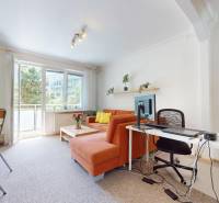 Living room in a two-room apartment with a sofa, a desk, and a balcony.
