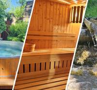 In the family house in Donovaly, there is a wooden tub, a sauna, and a natural waterfall.
