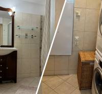 A bathroom in a family house with a sink, shower, and a washer with a dryer.