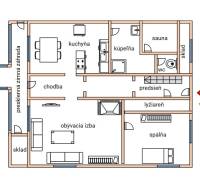 Floor plan of a family house with a sauna, winter garden, and ski room.