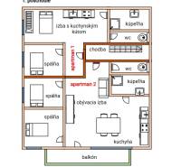 The floor plan of the first floor of the family house includes rooms, a hallway, a bathroom, and a balcony.