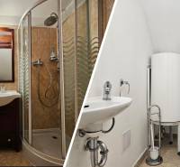 Bathroom in a family house with a sink, shower, and toilet.