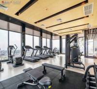 A gym with a view, equipped with treadmills and exercise machines. Apartment construction.