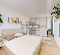 Bedroom in a 3-room apartment with a bed, wardrobe, paintings, and green plants.