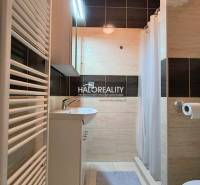 A bathroom in a studio apartment with modern amenities, a shower cabin, and storage spaces.