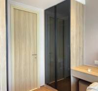 Wooden door and glass cabinet in the bedroom of a 2-room apartment.