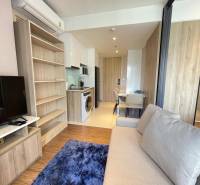 2-room apartment with a sofa, kitchenette, and dining table, light floor.