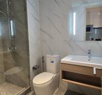 Bathroom in a studio apartment with an open shower and a mirror above the sink.