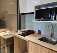 A kitchen in a studio apartment with cabinets, a sink, and a cooktop.