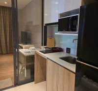 A kitchen in a studio apartment with a ceramic hob and a microwave oven.