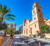 Campoamor Street 12 in Torrevieja with a church and palm trees on a sunny day.
