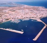 Aerial view of the coastline of Torrevieja with the harbor and surrounding landscape.