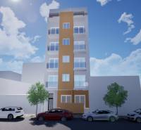 A six-story apartment building on Campoamor 12 street in Torrevieja with parked cars.