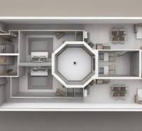 Layout of a 3-room apartment: central hall, two bedrooms, living room, kitchen, sanitary facilities.
