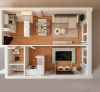 Floor plan of a 3-room apartment with furnishings, including a kitchen, living room, and bedroom.