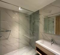 A bathroom in a 3-room apartment with a large shower and an elegant sink.