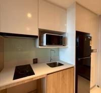 Compact kitchen unit with a cooktop and microwave in a studio apartment.