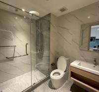 Bathroom with a shower and a sink in a studio apartment.