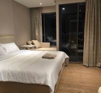 Accommodation in a one-bedroom apartment with a bed, sofa, and balcony in muted colors.