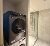 A bathroom in a 3-room apartment with a washing machine and dryer next to the shower.
