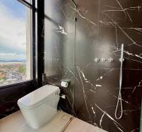 A bathroom in a 4-room apartment with marble walls and a view of the city.