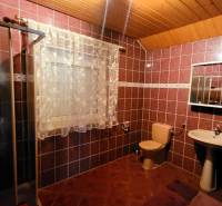 Bathroom in a family house with brown ceramic tiles and a wooden ceiling.
