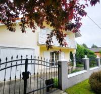 The family house in Dunaszige is surrounded by a garden with trees and a metal fence.