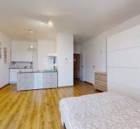 Compact 1-room apartment with a kitchenette, bed, and wooden floor.