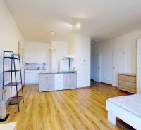 Kitchen corner and bedroom area in a studio apartment, wooden floor and white walls.