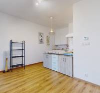 Interior of a one-room apartment with wooden flooring, a kitchen unit, and a shelving rack.