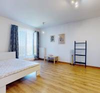 A spacious room with a bed, wooden floor, wall decoration, and a large window in a studio apartment.