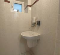 A bathroom with a sink, a window, and a soap dispenser in the tiled area of commercial spaces.