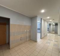 Commercial premises with brown tiles and a white ceiling with lighting.