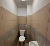 Restroom with a sink and lighting in commercial premises, tiles in light brown shades.