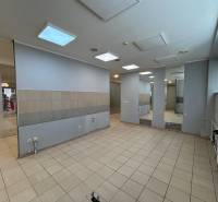 Empty commercial spaces with tiles, large mirrors, and ceiling lighting.