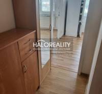 A narrow hallway with wooden furniture in a studio apartment, light is coming in from the adjacent room.