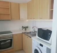 A kitchen in a studio apartment with a stove, sink, washing machine, and microwave.
