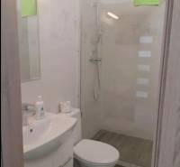 Bathroom with a shower and toilet in the amenities of a studio apartment.