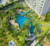 Luxury pool in the middle of a green oasis during the construction of apartments in Pattaya.
