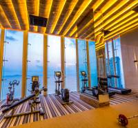 Fitness center with a sea view and modern equipment within the apartment development.