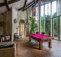 Interior with a billiard table, comfortable seating, and large windows, Apartment construction.