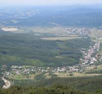 Aerial view of agricultural and forest lands around Zemplínske Hámre, forests, and villages.