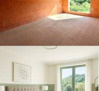 An unfinished room in a family house in Trnové, Žilina, and next to it a modern bedroom with a landscape.